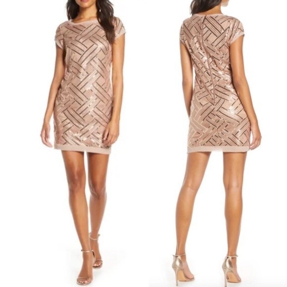 Eliza J Lattice Pattern Sequin Sheath Dress Rose Gold Taupe Women’s Size 6 - Picture 7 of 16